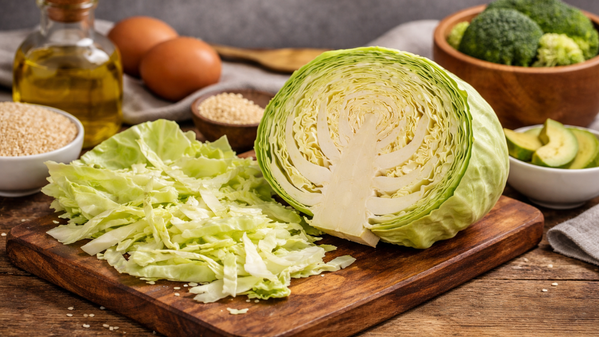 Fresh green cabbage sliced on a cutting board with simple low-carb ingredients
