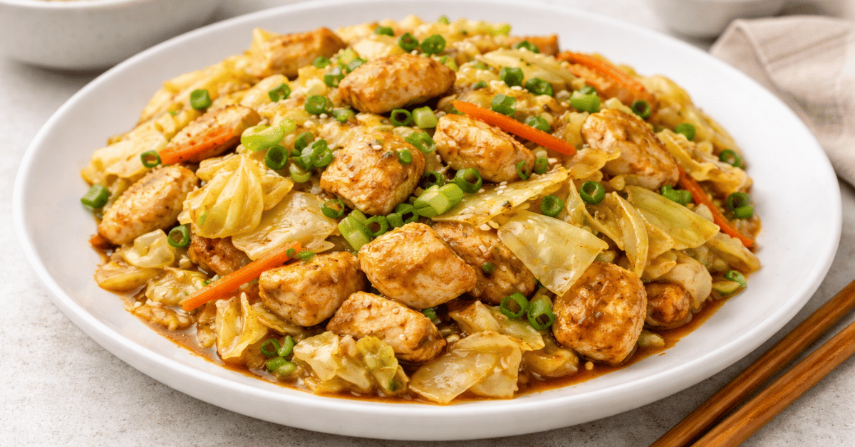 Chicken cabbage stir-fry served on a plate with tender chicken, crisp cabbage, and savory sauce