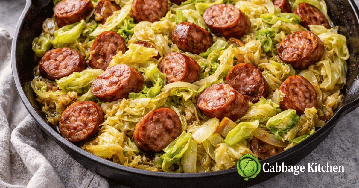 Sausage and cabbage skillet with browned sausage and tender green cabbage in a cast iron pan