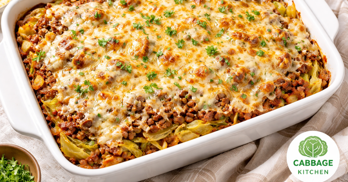 Low carb green cabbage casserole baked with ground beef, tomato, and melted cheese in a white casserole dish