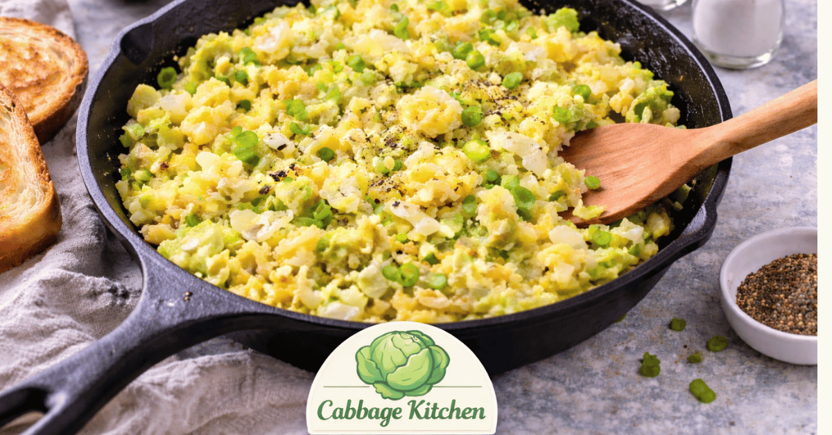 Cabbage and eggs skillet with scrambled eggs and sautéed cabbage in a cast iron pan