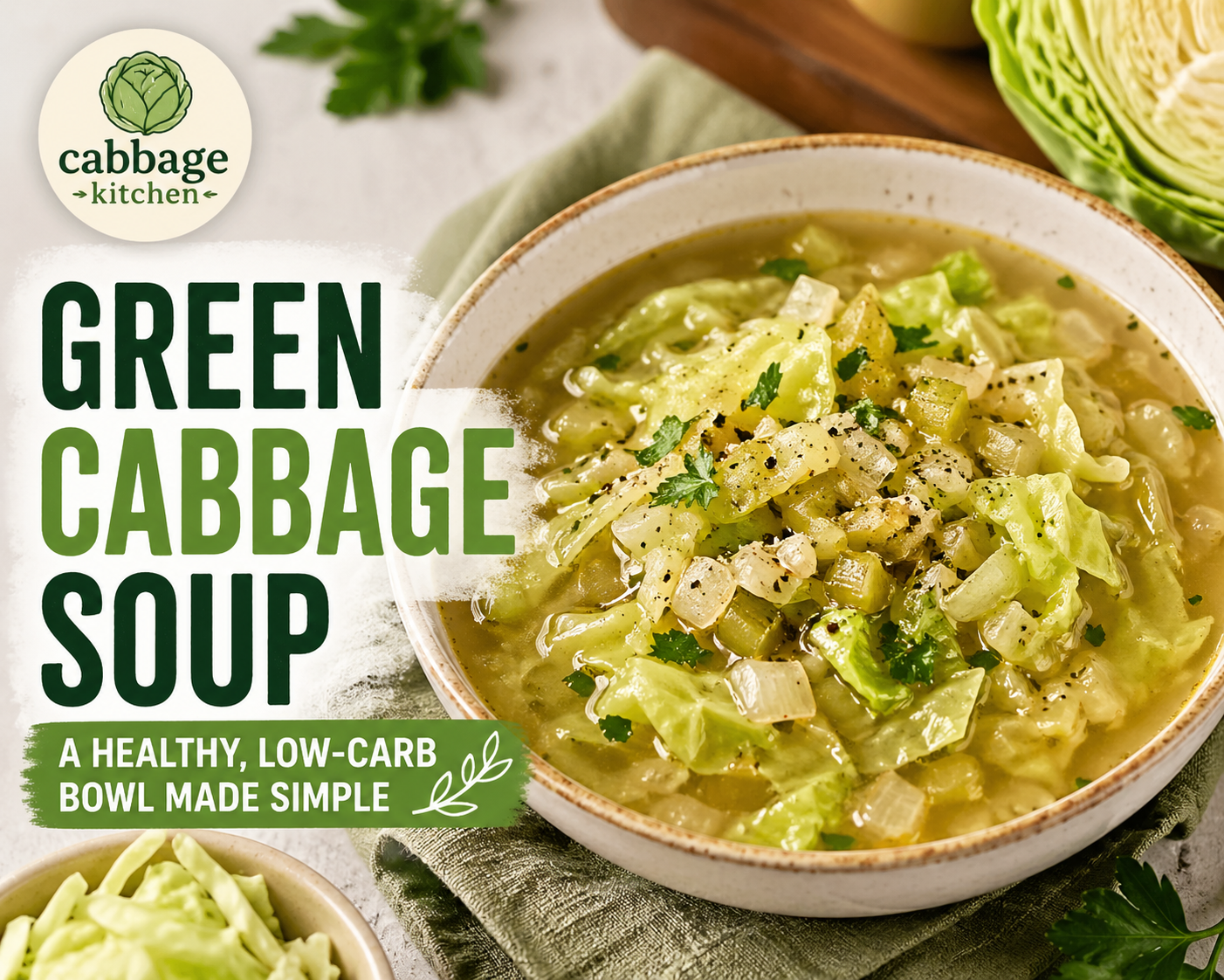 Green cabbage soup in a rustic bowl with fresh cabbage, onions, and herbs, styled as a healthy low-carb meal with the Cabbage Kitchen logo.