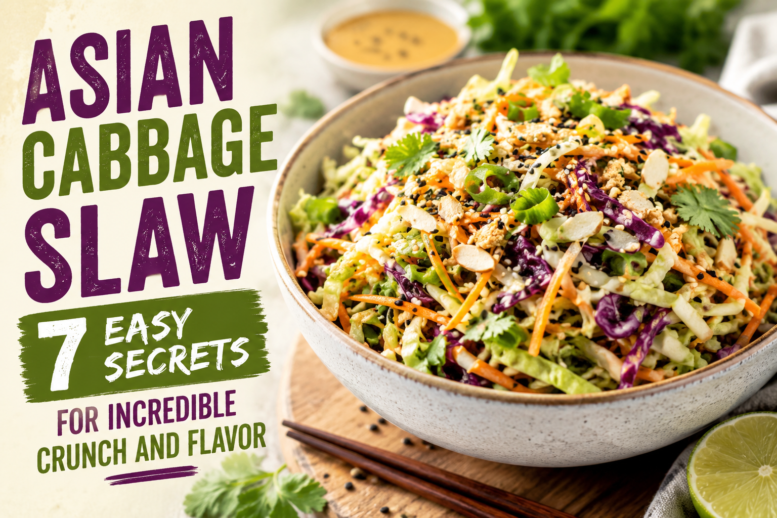 Asian cabbage slaw in a bowl with carrots, purple cabbage, sesame seeds, and creamy dressing served fresh with crunchy toppings.