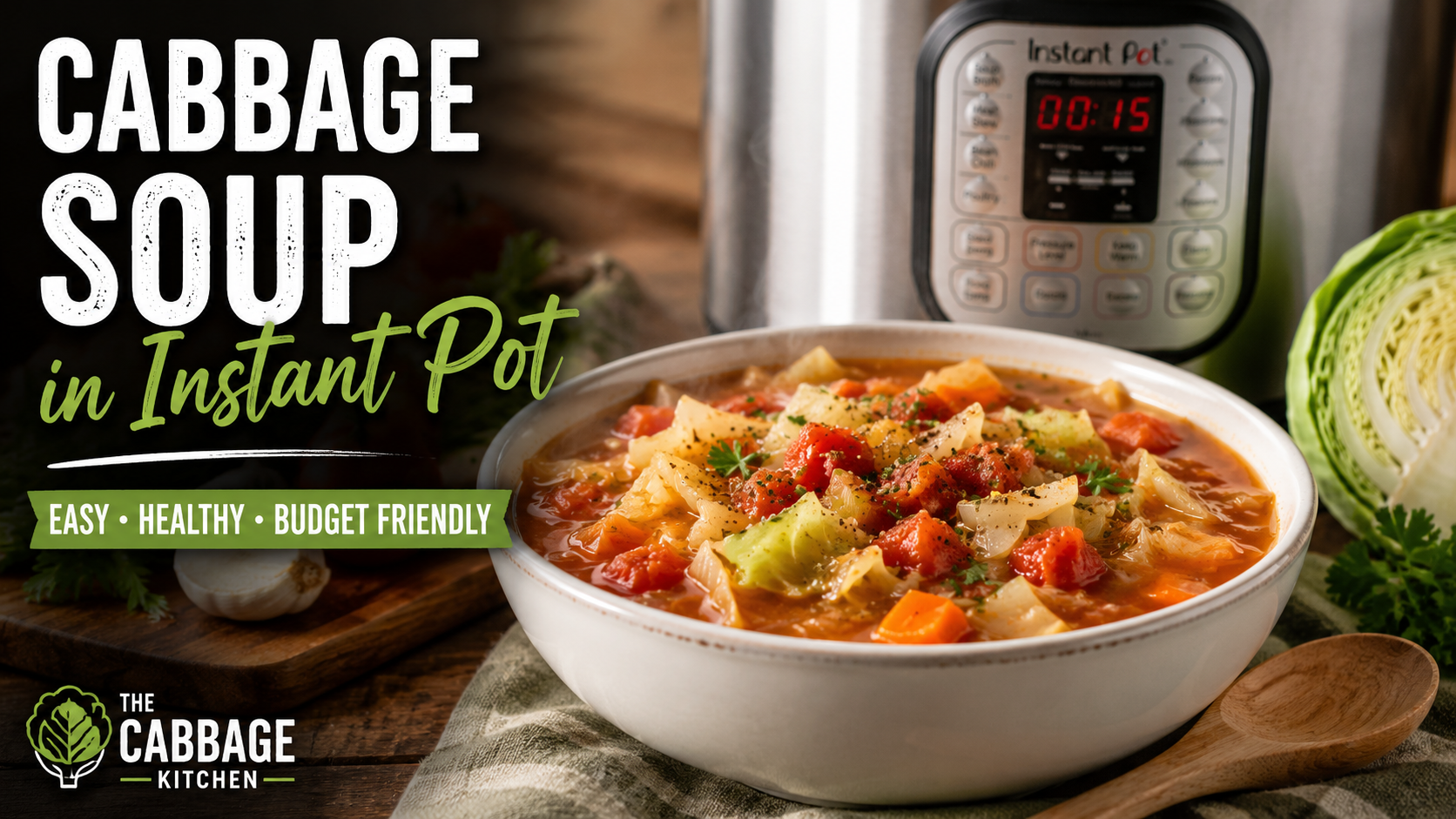 Cabbage soup in Instant Pot served in a white bowl with green cabbage, carrots, and tomatoes in a flavorful broth. An Instant Pot pressure cooker sits in the background, highlighting this easy, healthy, and budget-friendly cabbage soup recipe.
